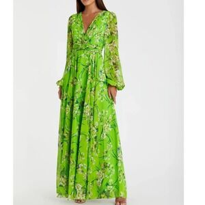 IEENA MAC DUGGAL Floral Print V Neck Long Sleeve Chiffon Maxi Dress Green Size 6